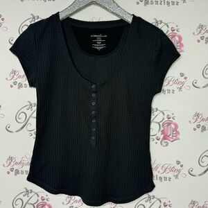 Ribbon luxe waffle knit button tshirt top black cute stretchy lounge soft